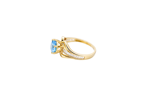 14KT Gold Ring Women's Light Blue Round 6 Prong Center CZ with White Baguette CZ Band and Plain Lips Border