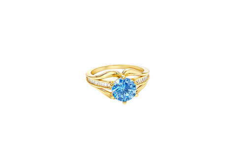 14KT Gold Ring Women's Light Blue Round 6 Prong Center CZ with White Baguette CZ Band and Plain Lips Border