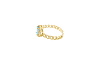 14KT Gold Ring Women's Oval Light Blue Center Stone with White CZ Stone Border Chino Band