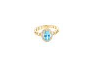 14KT Gold Ring Women's Oval Light Blue Center Stone with White CZ Stone Border Chino Band