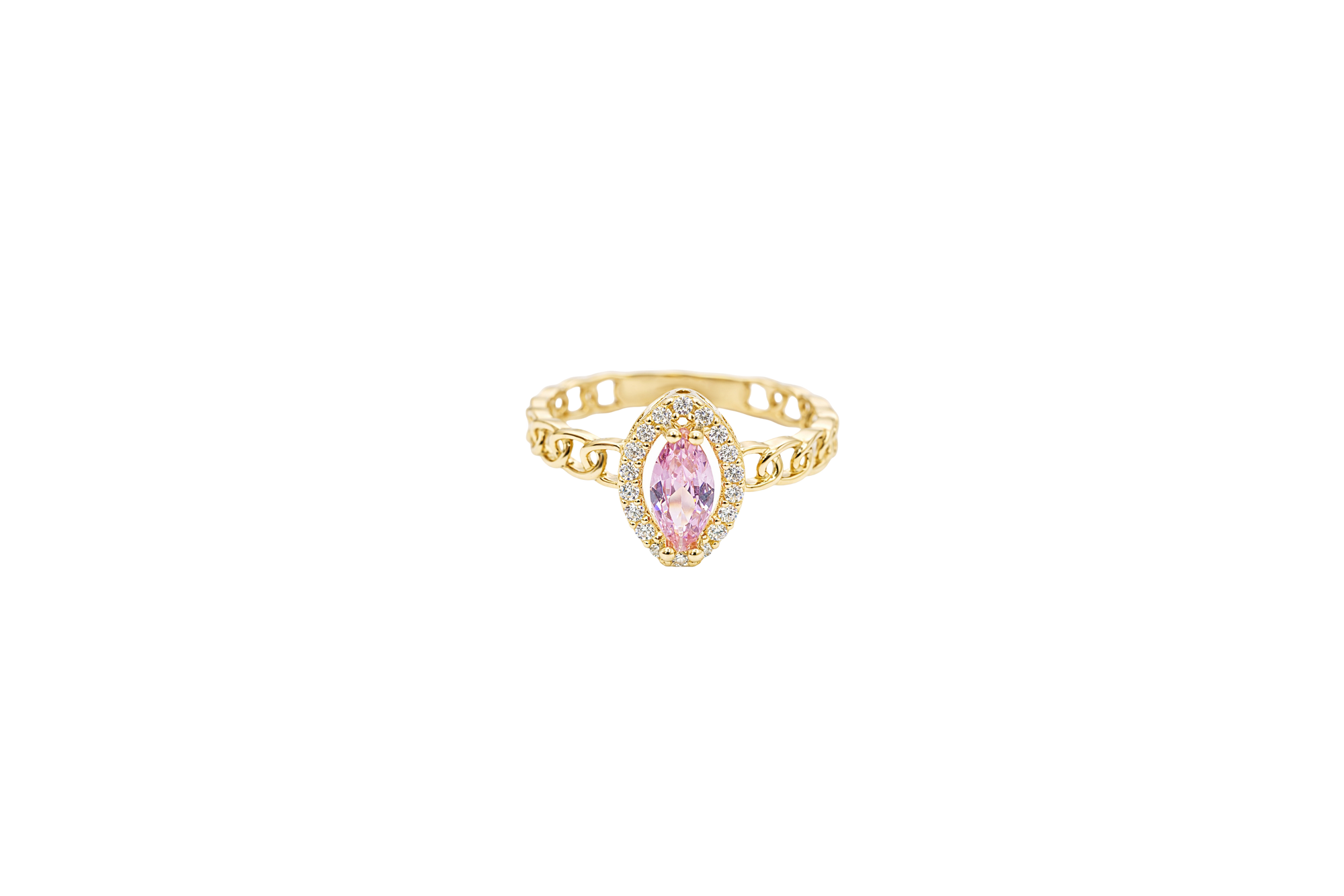 14KT Gold Ring Women's Marquise Pink Center Stone with White CZ Stone Border Chino Band
