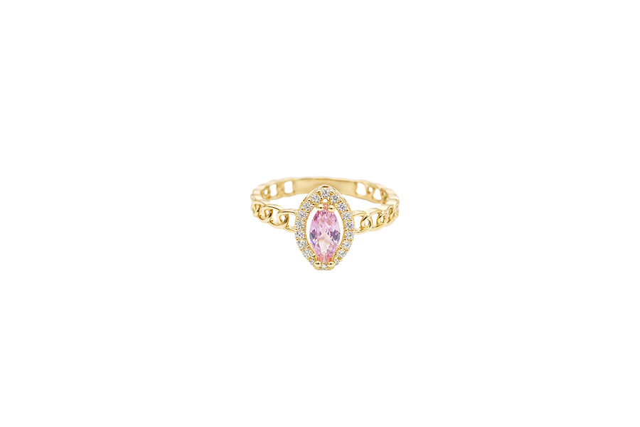 14KT Gold Ring Women's Marquise Pink Center Stone with White CZ Stone Border Chino Band