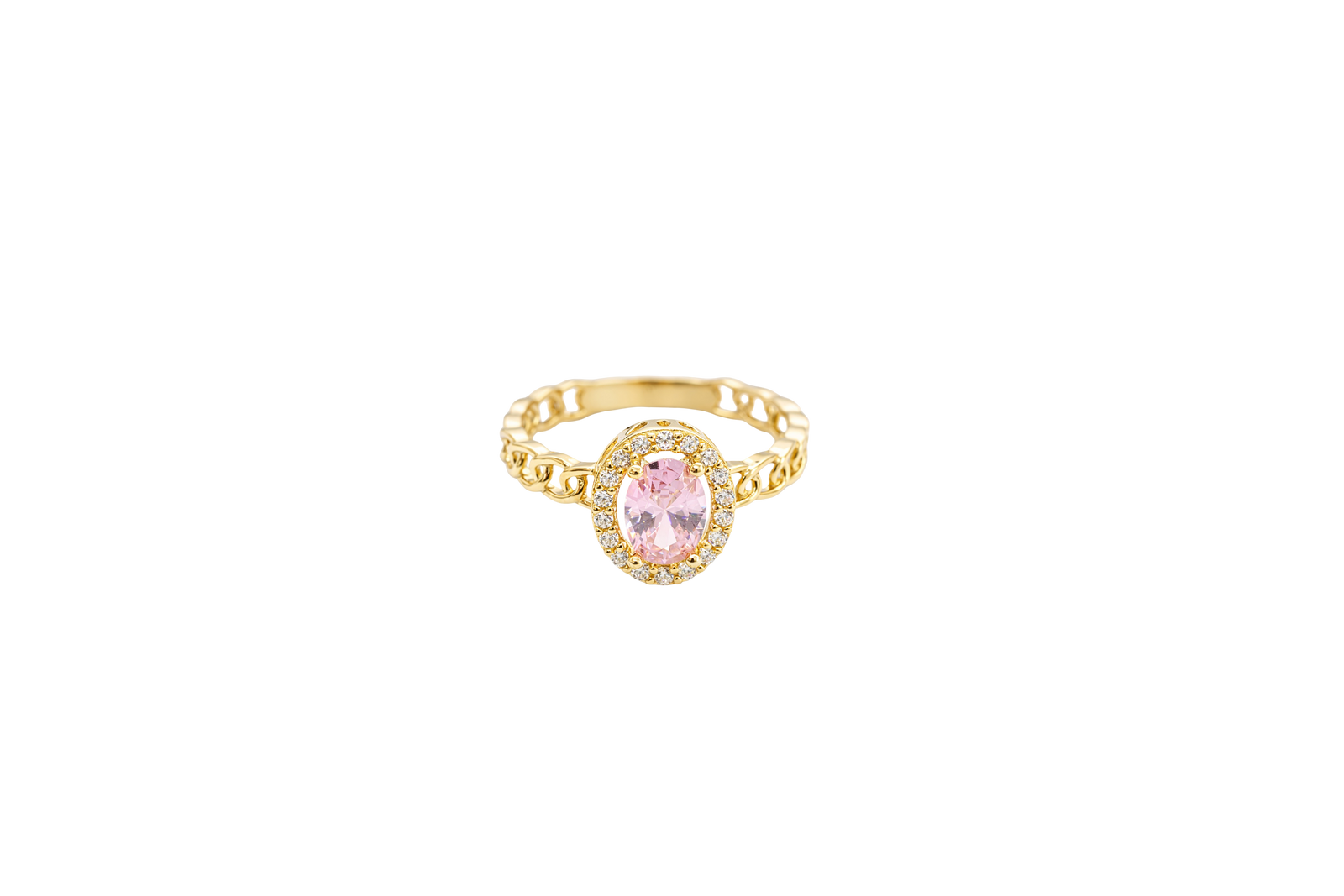 14KT Gold Ring Women's Oval Pink Center Stone with White CZ Stone Border Chino Band