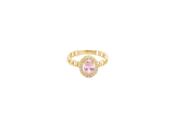 14KT Gold Ring Women's Oval Pink Center Stone with White CZ Stone Border Chino Band