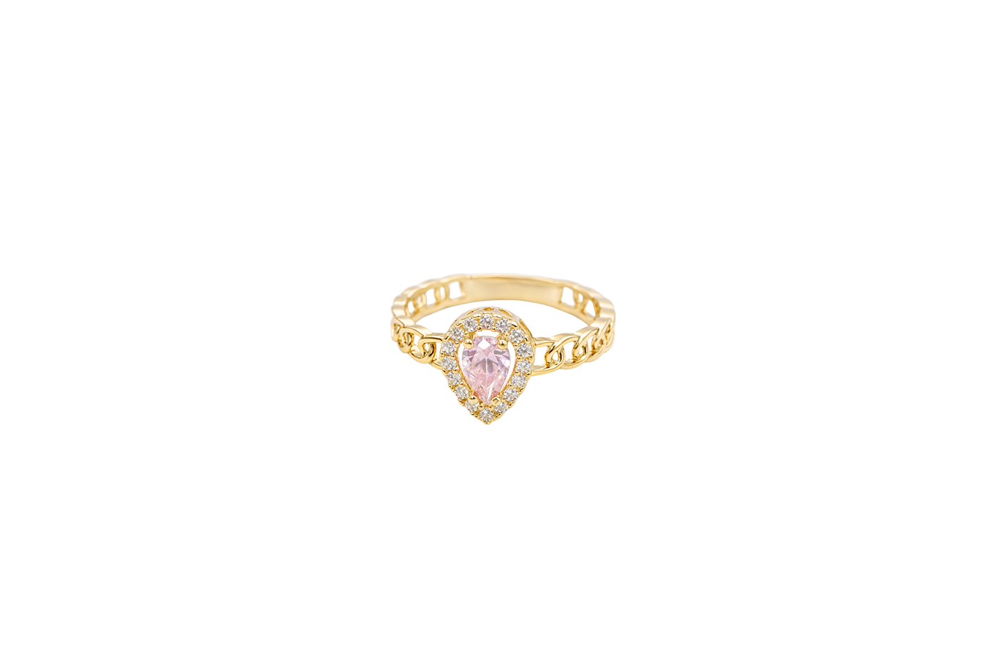 14KT Gold Ring Women's Pear Pink Center Stone with White CZ Stone Border Chino Band