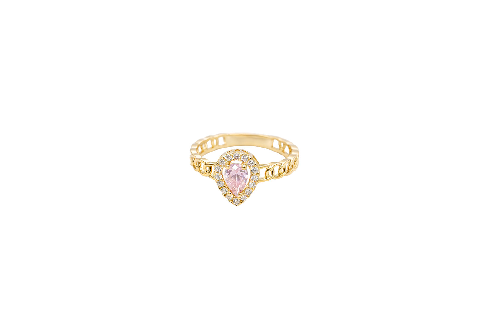 14KT Gold Ring Women's Pear Pink Center Stone with White CZ Stone Border Chino Band