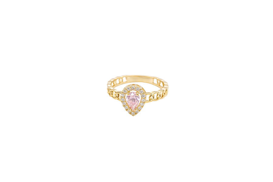 14KT Gold Ring Women's Pear Pink Center Stone with White CZ Stone Border Chino Band