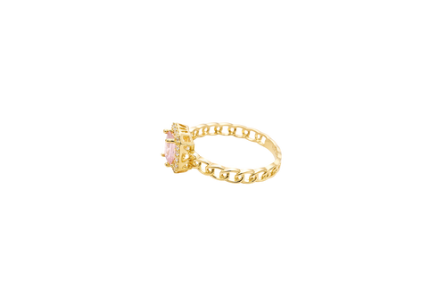 14KT Gold Ring Women's Rectangle Pink Center Stone with White CZ Stone Border Chino Band