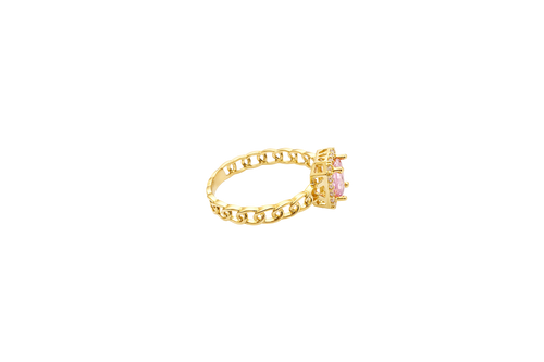 14KT Gold Ring Women's Rectangle Pink Center Stone with White CZ Stone Border Chino Band