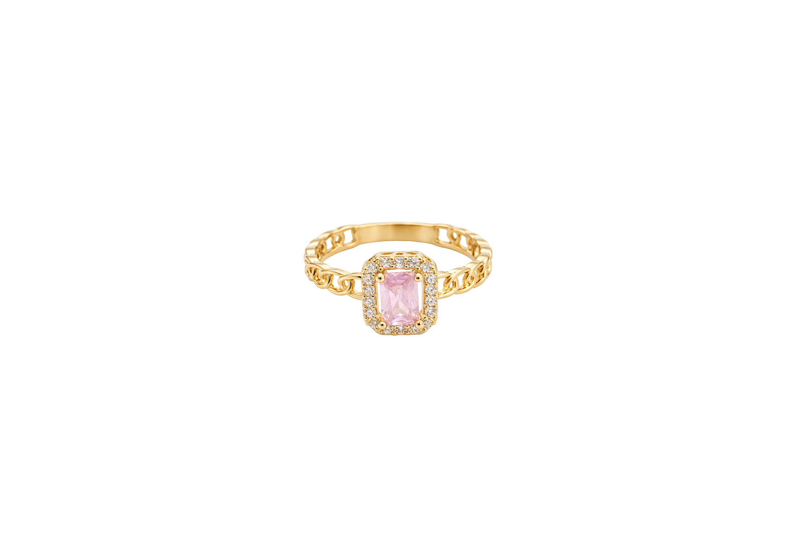 14KT Gold Ring Women's Rectangle Pink Center Stone with White CZ Stone Border Chino Band