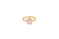 14KT Gold Ring Women's Rectangle Pink Center Stone with White CZ Stone Border Chino Band