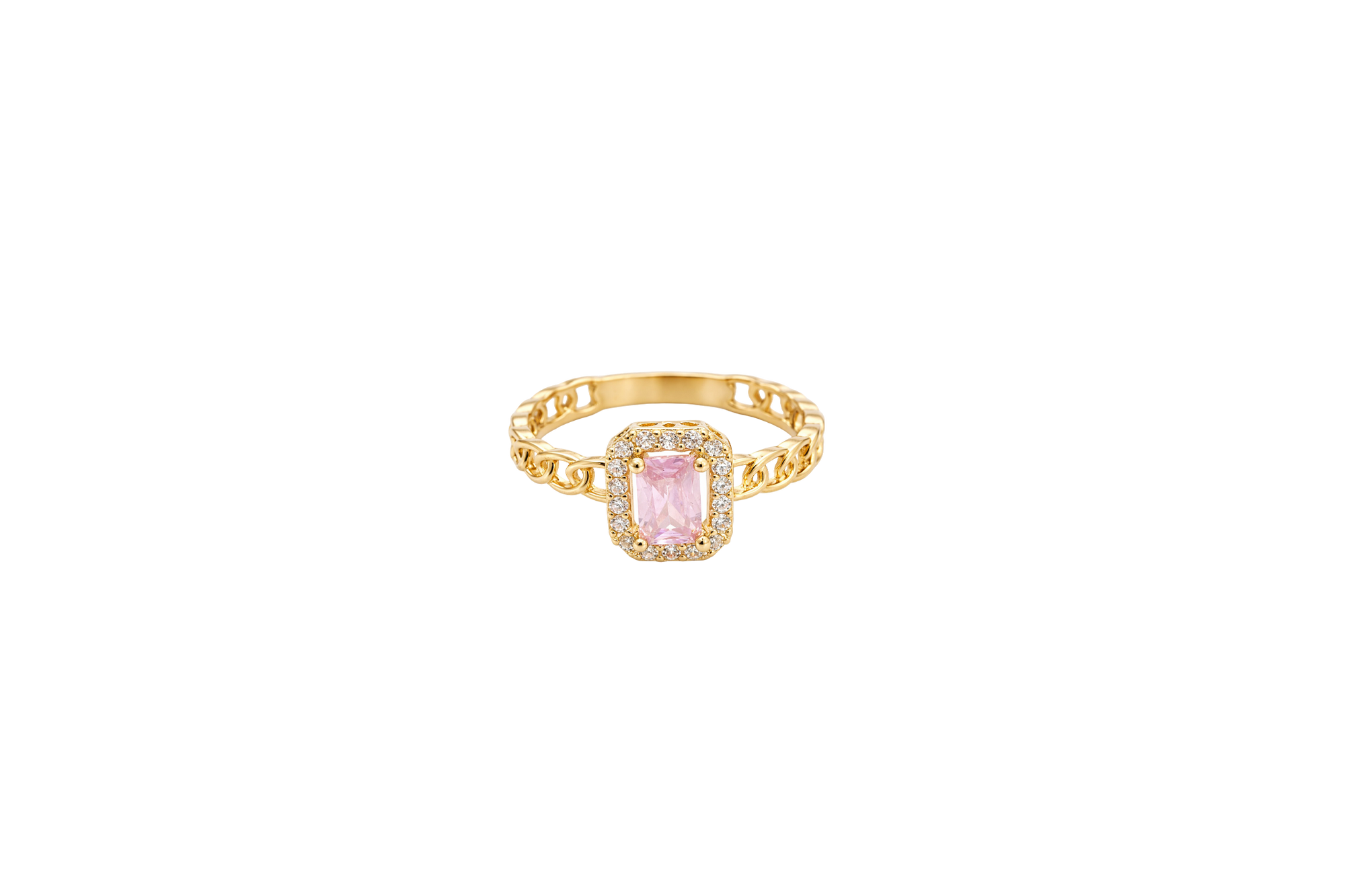 14KT Gold Ring Women's Rectangle Pink Center Stone with White CZ Stone Border Chino Band