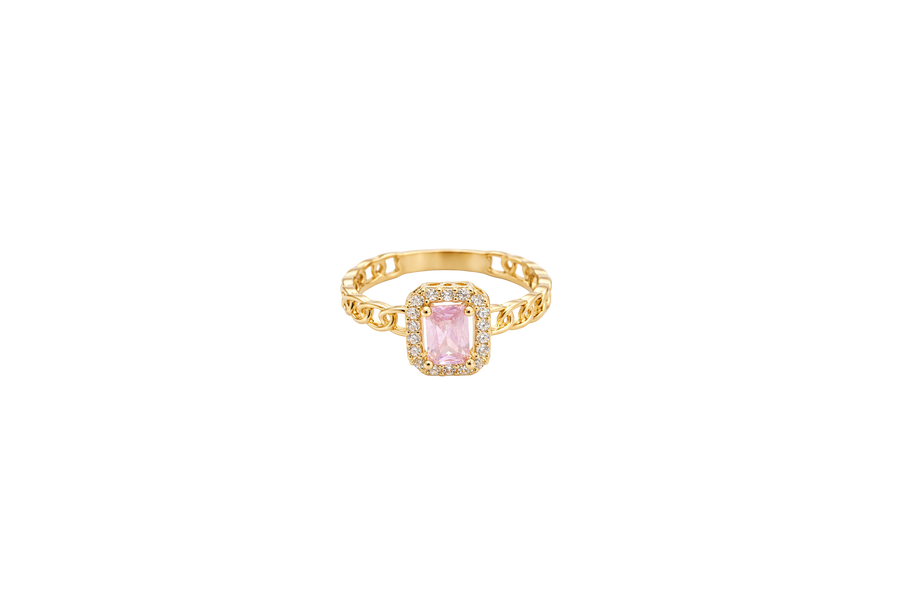 14KT Gold Ring Women's Rectangle Pink Center Stone with White CZ Stone Border Chino Band