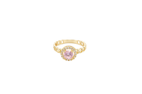 14KT Gold Ring Women's Round Pink Center Stone with White CZ Stone Border Chino Band