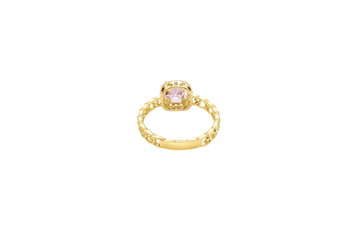 14KT Gold Ring Women's Square Pink Center Stone with White CZ Stone Border Chino Band