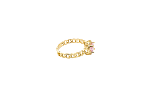 14KT Gold Ring Women's Square Pink Center Stone with White CZ Stone Border Chino Band