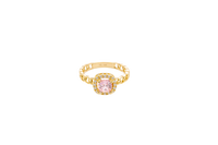 14KT Gold Ring Women's Square Pink Center Stone with White CZ Stone Border Chino Band