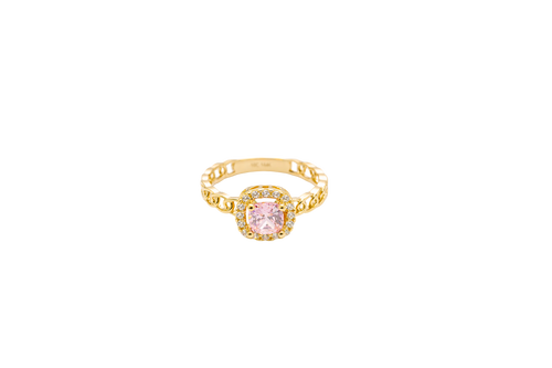 14KT Gold Ring Women's Square Pink Center Stone with White CZ Stone Border Chino Band