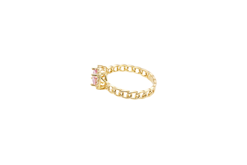14KT Gold Ring Women's Square Pink Center Stone with White CZ Stone Border Chino Band