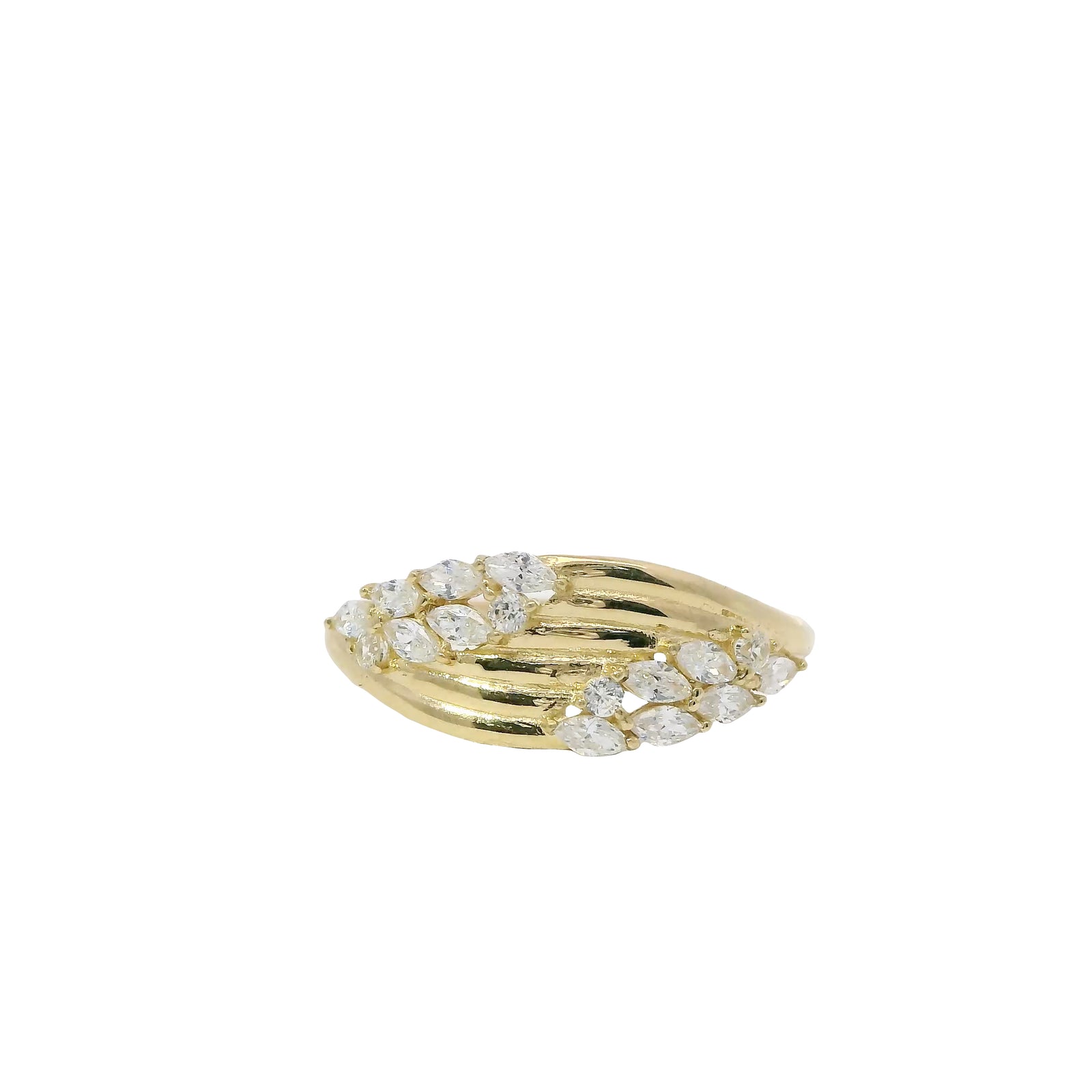 14KT Gold Ring Women's Light Weight Plain Six Mock Split Band Center with White CZ Stone Leaves