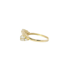14KT Gold Ring Women's Light Weight Plain Six Mock Split Band Center with White CZ Stone Leaves