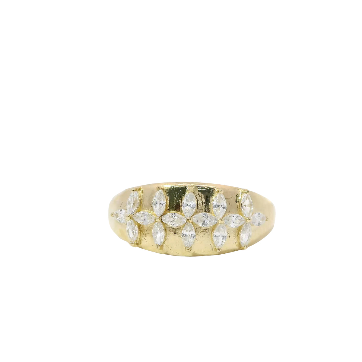 14KT Gold Ring Women's Light Weight Five White CZ Stone Marquise Four Petal Flower Center Band