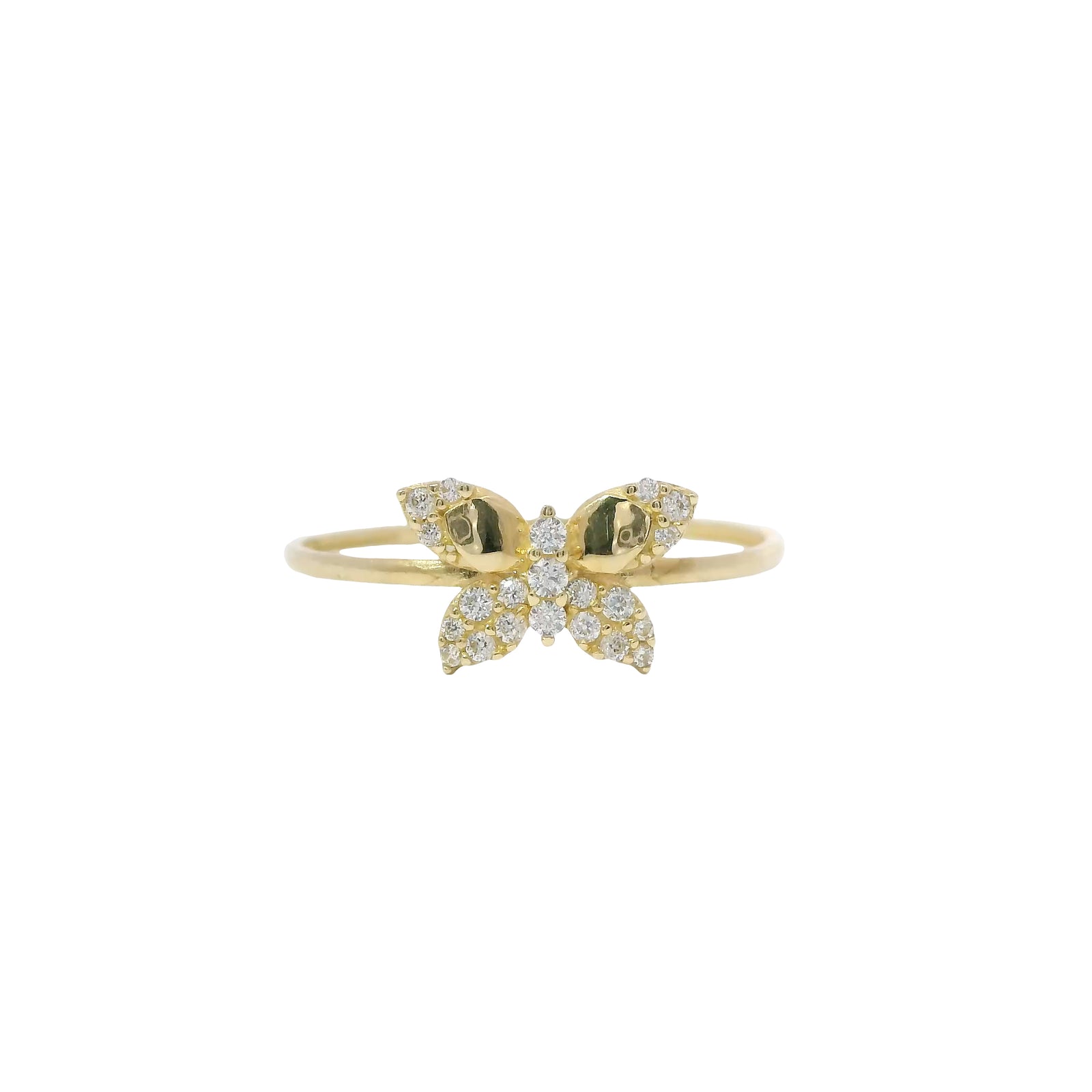 14KT Gold Ring Women's Light Weight Butterfly with White CZ Stones Wings Plain Band