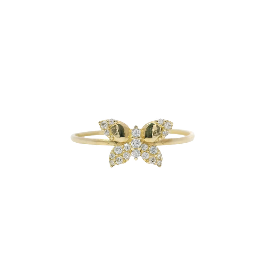 14KT Gold Ring Women's Light Weight Butterfly with White CZ Stones Wings Plain Band