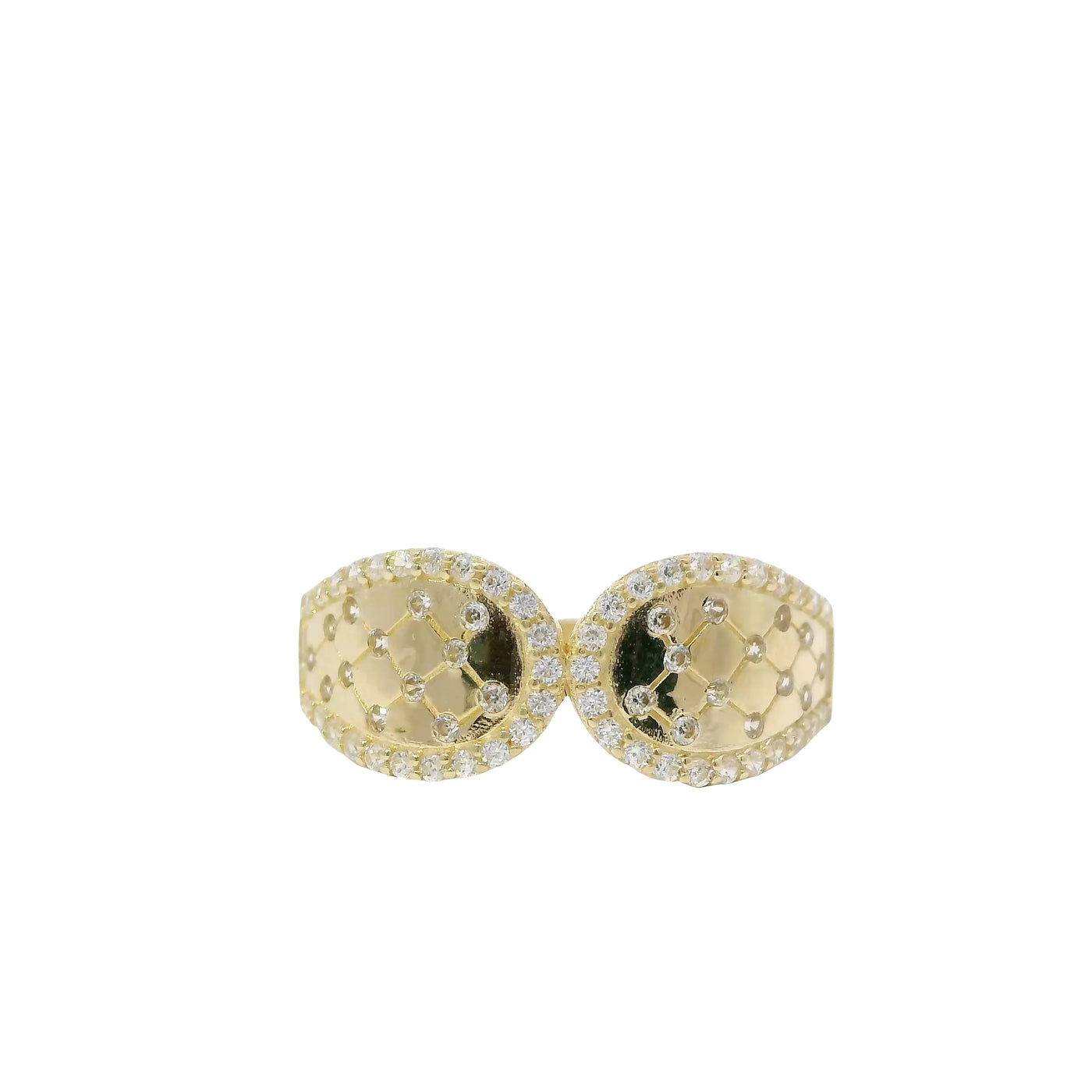 14KT Gold Ring Women's Light Weight Split Band Double Lasso with White CZ Stone Tufted Center and Border and Plain Band