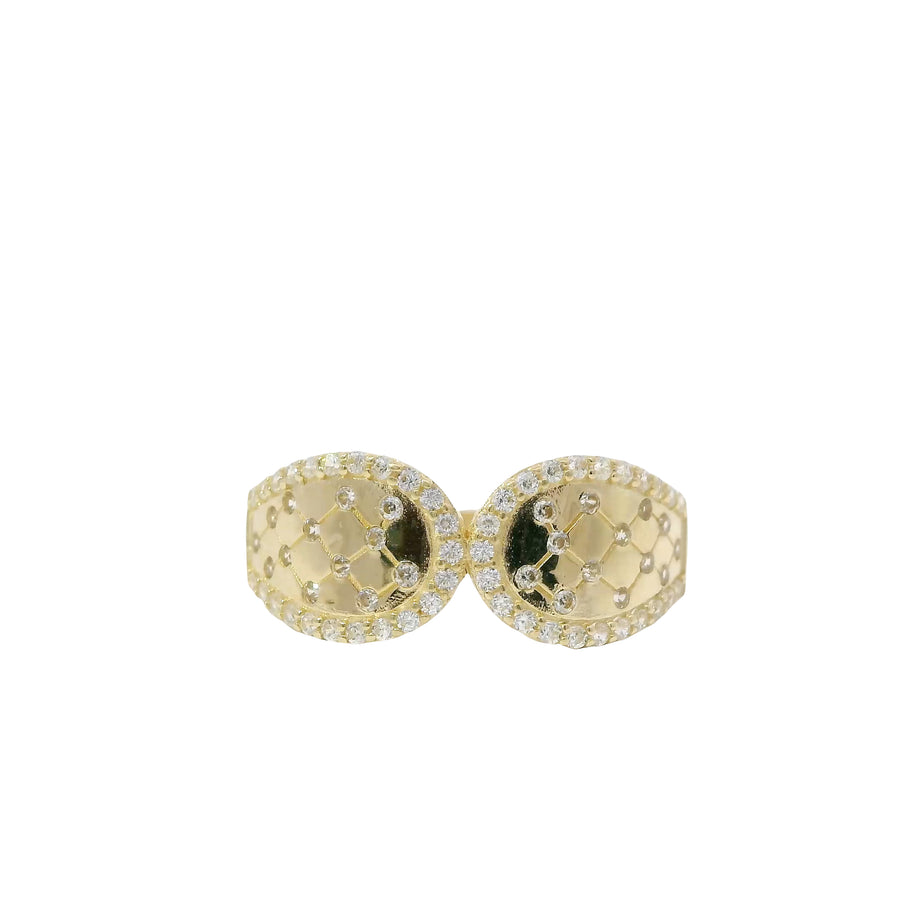 14KT Gold Ring Women's Light Weight Split Band Double Lasso with White CZ Stone Tufted Center and Border and Plain Band