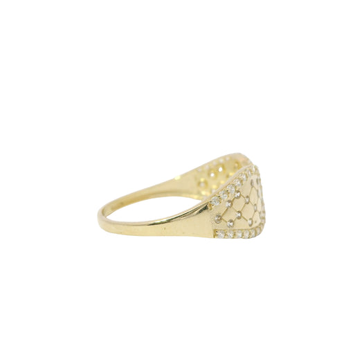 14KT Gold Ring Women's Light Weight Split Band Double Lasso with White CZ Stone Tufted Center and Border and Plain Band