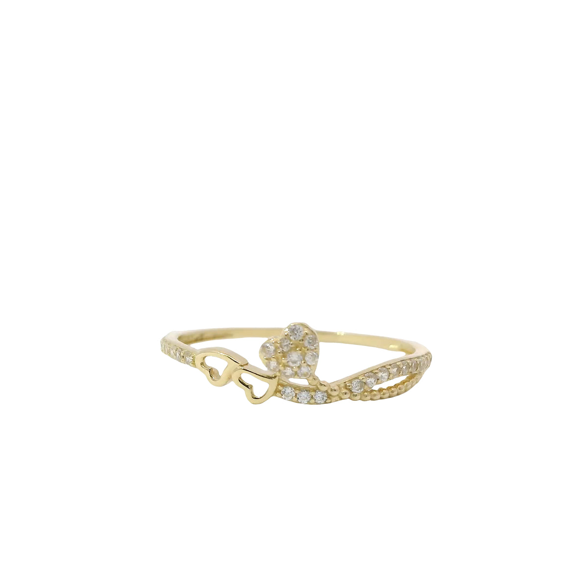 14KT Gold Ring Women's Light Weight Double Open Hearts with White CZ Stone Balloon and Band