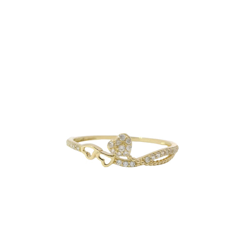 14KT Gold Ring Women's Light Weight Double Open Hearts with White CZ Stone Balloon and Band