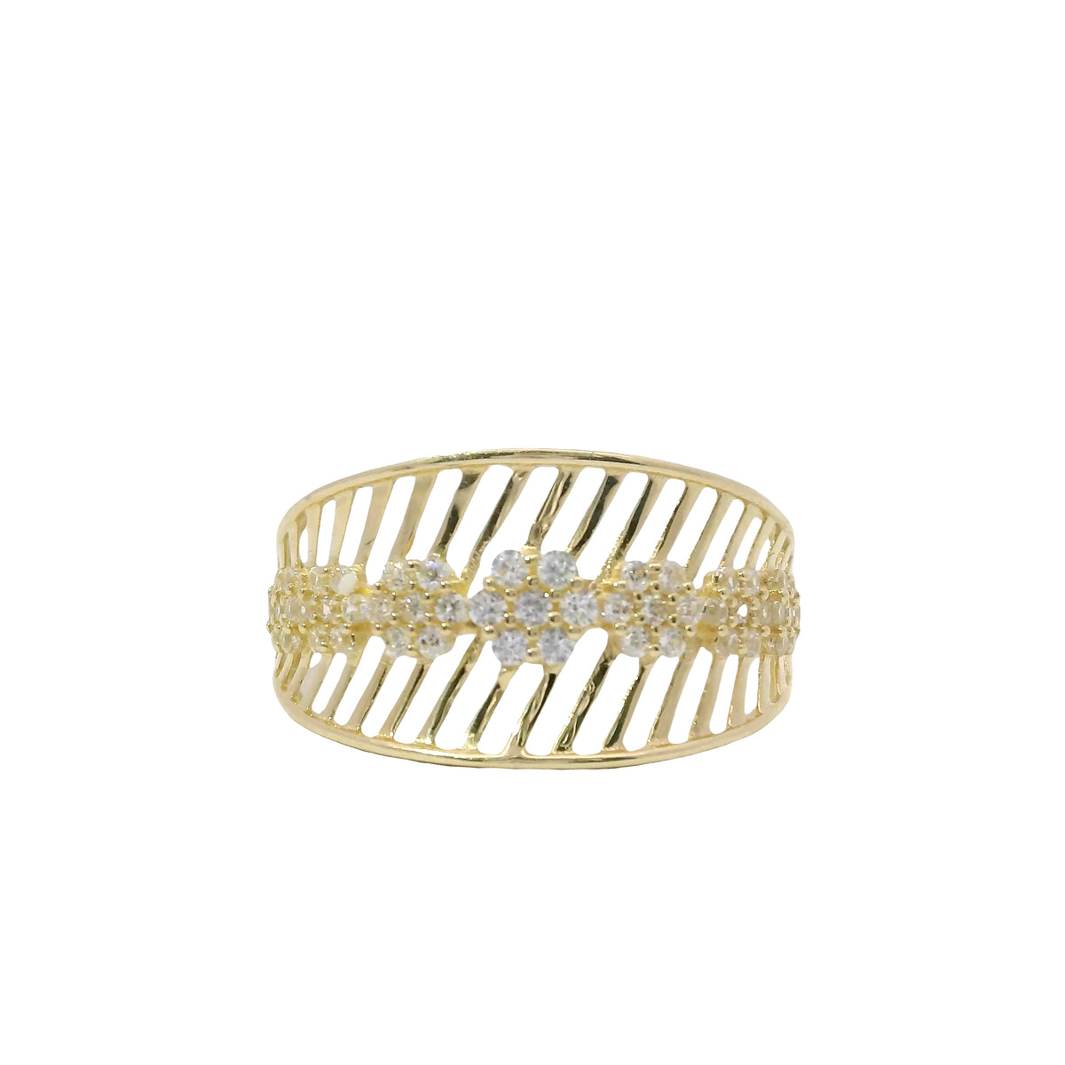 14KT Gold Ring Women's Light Weight Open Stipe Wide Band with Seven White CZ Stone Flower Center