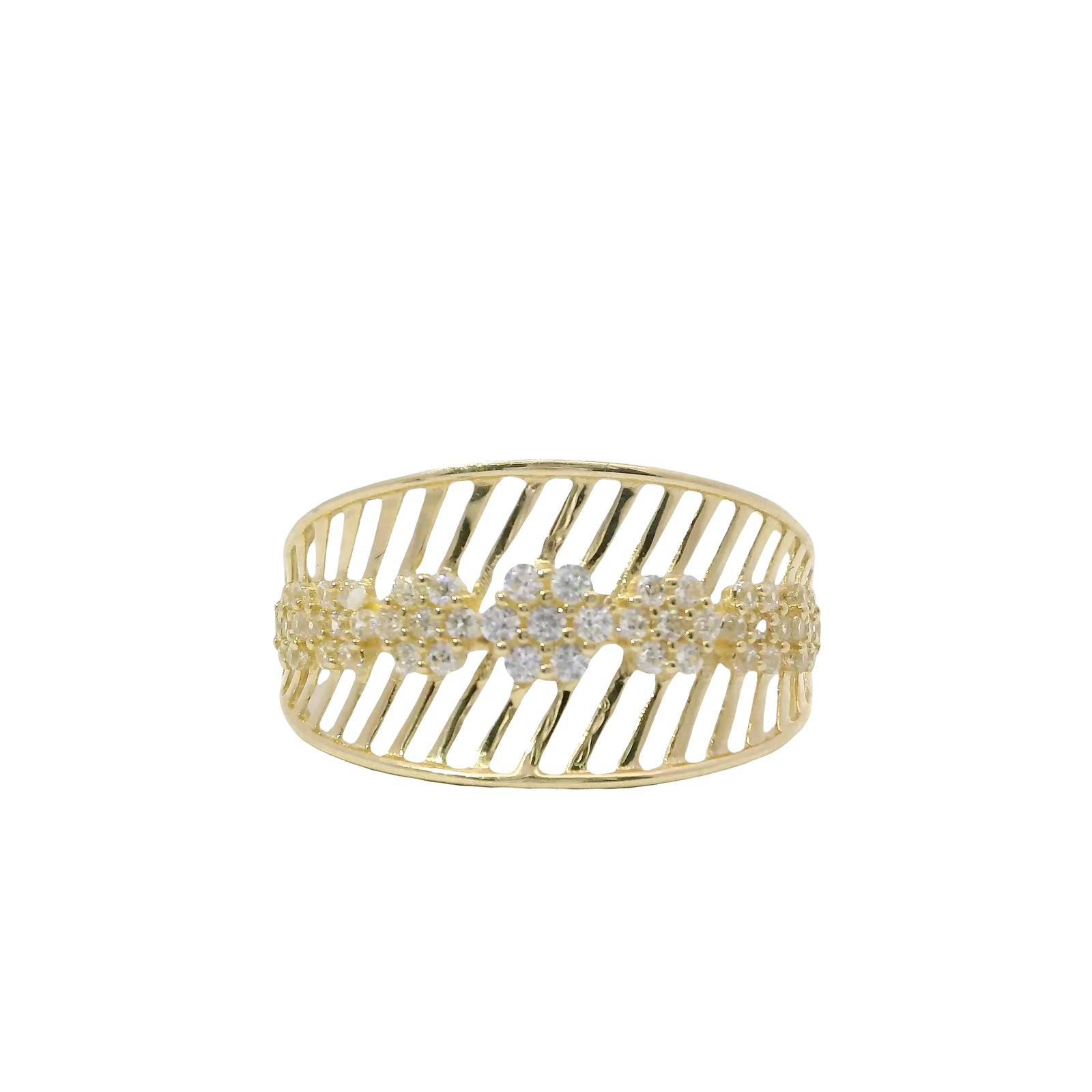 14KT Gold Ring Women's Light Weight Open Stipe Wide Band with Seven White CZ Stone Flower Center
