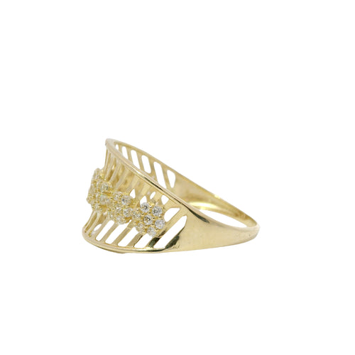 14KT Gold Ring Women's Light Weight Open Stipe Wide Band with Seven White CZ Stone Flower Center