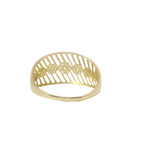 14KT Gold Ring Women's Light Weight Open Stipe Wide Band with Seven White CZ Stone Flower Center