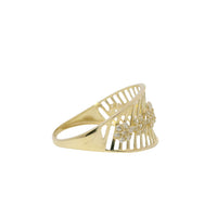 14KT Gold Ring Women's Light Weight Open Stipe Wide Band with Seven White CZ Stone Flower Center