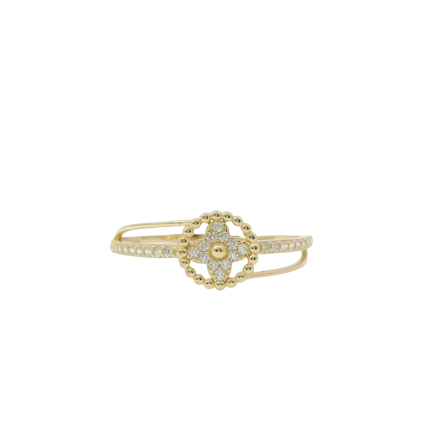 14KT Gold Ring Women's Light Weight White CZ Stone Clovers with Round Beaded Border and Open Split Band