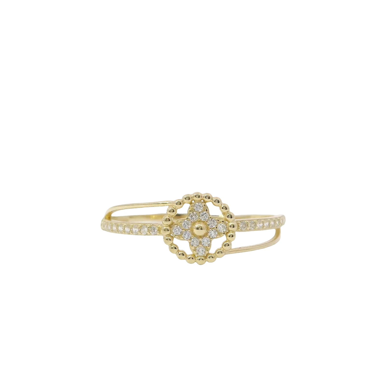 14KT Gold Ring Women's Light Weight White CZ Stone Clovers with Round Beaded Border and Open Split Band