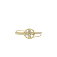 14KT Gold Ring Women's Light Weight White CZ Stone Clovers with Round Beaded Border and Open Split Band