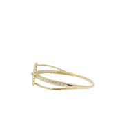 14KT Gold Ring Women's Light Weight White CZ Stone Clovers with Round Beaded Border and Open Split Band