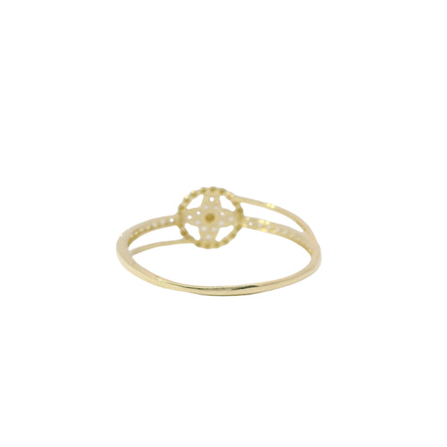 14KT Gold Ring Women's Light Weight White CZ Stone Clovers with Round Beaded Border and Open Split Band