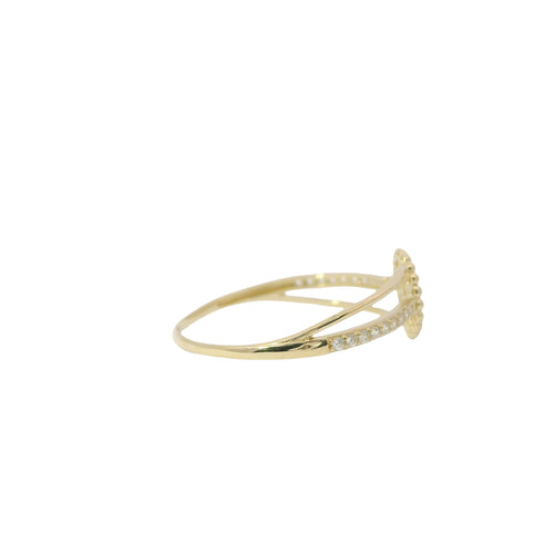 14KT Gold Ring Women's Light Weight White CZ Stone Clovers with Round Beaded Border and Open Split Band