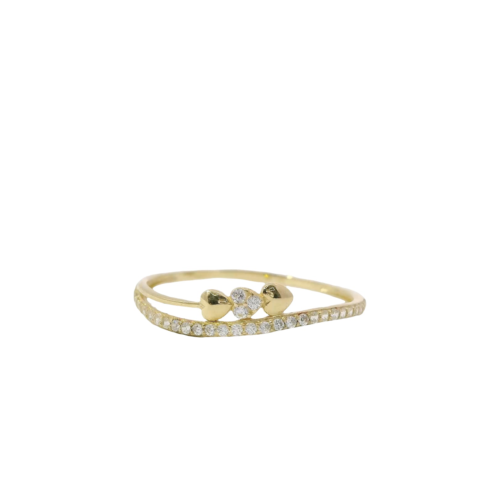 14KT Gold Ring Women's Light Weight Triple Hearts with White CZ Stone Center Heart and Band