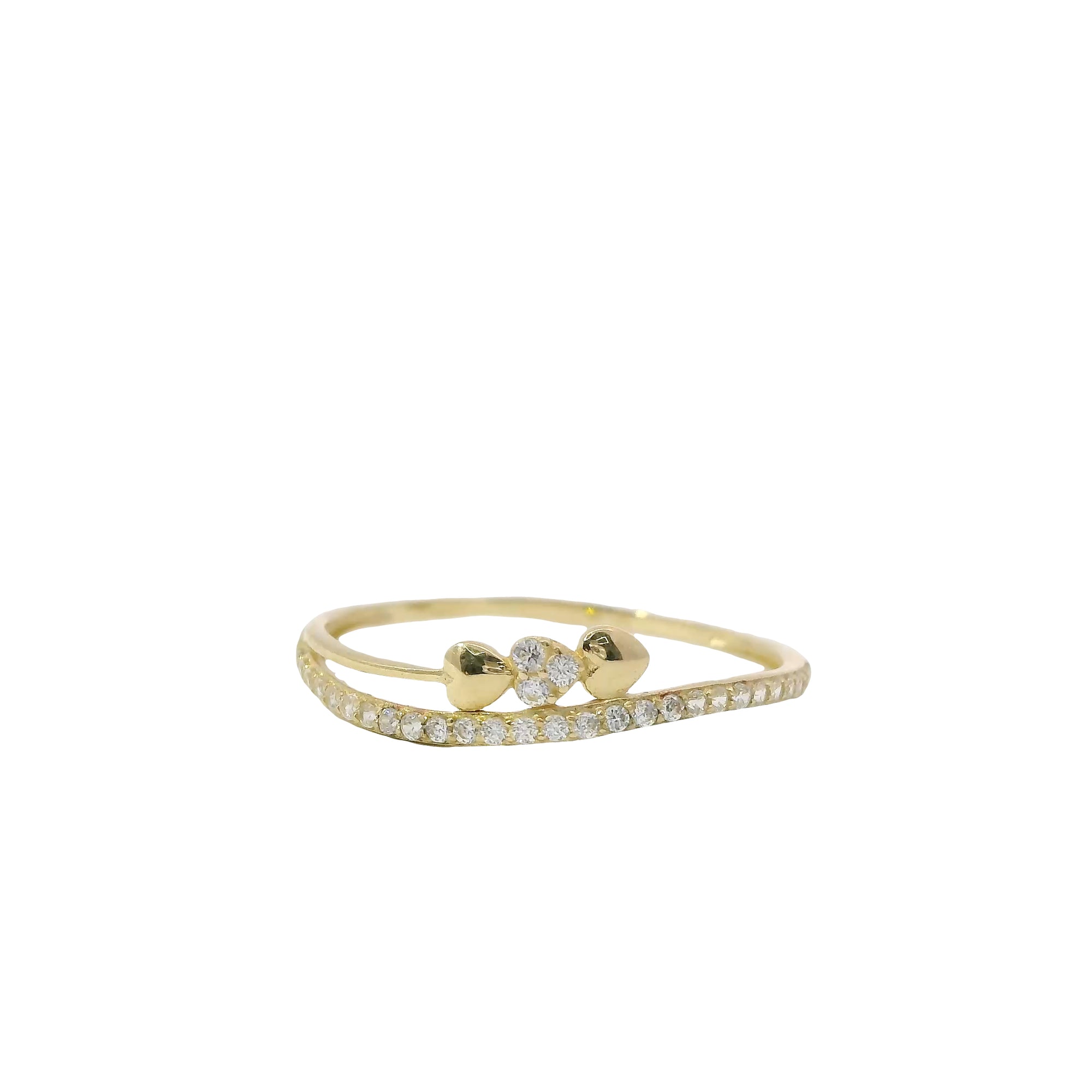 14KT Gold Ring Women's Light Weight Triple Hearts with White CZ Stone Center Heart and Band