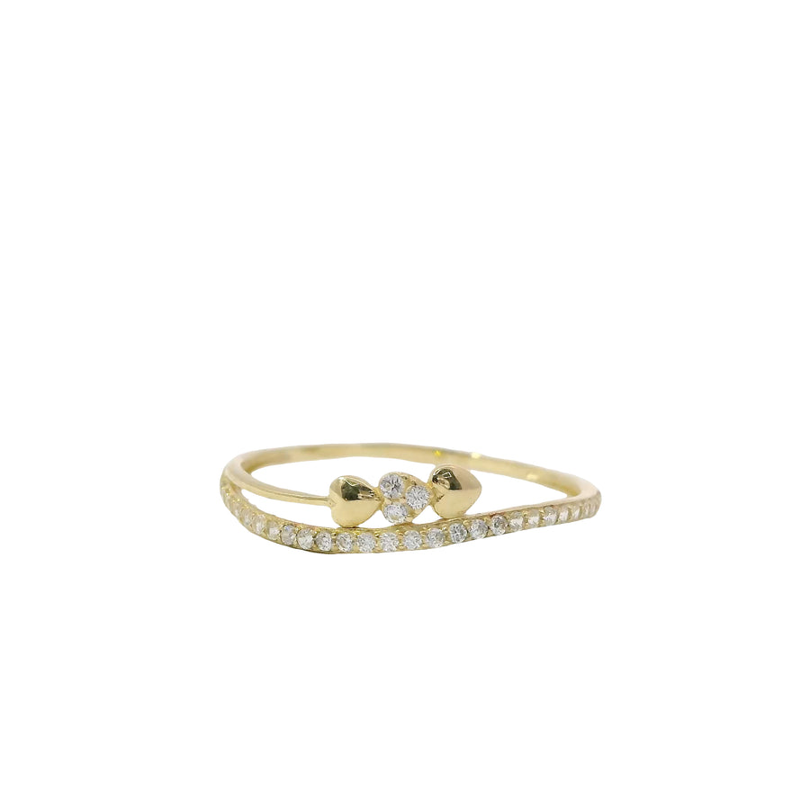 14KT Gold Ring Women's Light Weight Triple Hearts with White CZ Stone Center Heart and Band