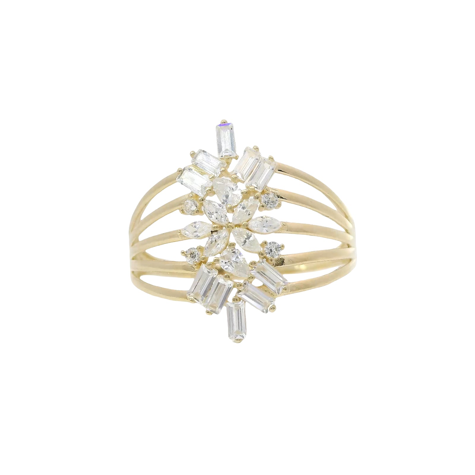 14KT Gold Ring Women's Light Weight Jumbo Marquise Pear Baguette White CZ Stone Snowflake Center Five Way Split Band