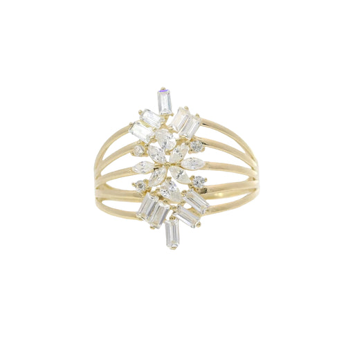 14KT Gold Ring Women's Light Weight Jumbo Marquise Pear Baguette White CZ Stone Snowflake Center Five Way Split Band