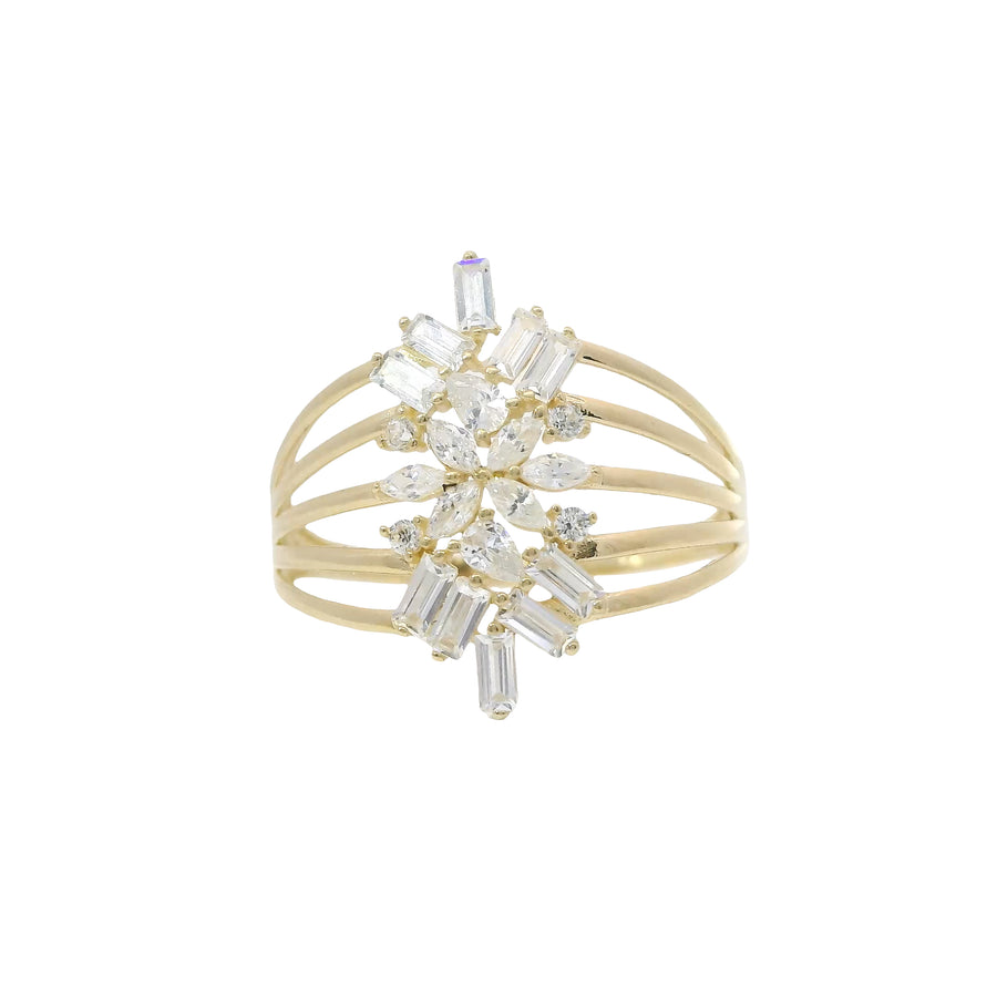 14KT Gold Ring Women's Light Weight Jumbo Marquise Pear Baguette White CZ Stone Snowflake Center Five Way Split Band